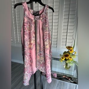 DRESSBARN ROZ & ALI Pink Paisley Sleeveless Top Longer Sheer Overlay Size XL